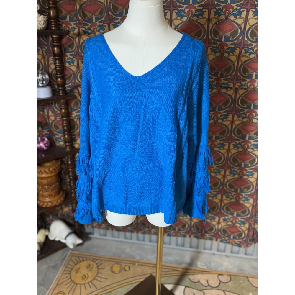 Umgee‎ USA Blue Knit Sweater with Fringe Bell Sleeves - Size M